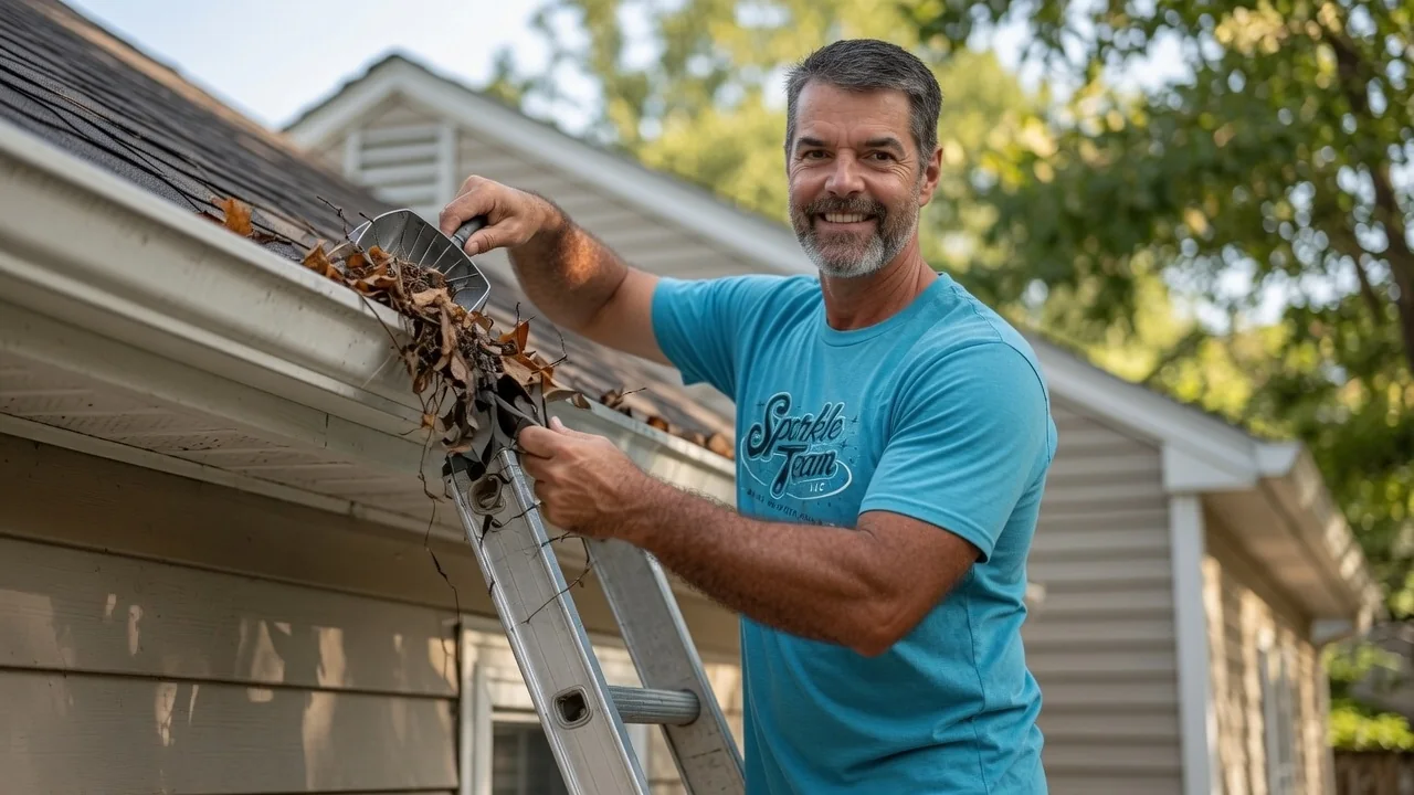 Andy Erwin of Sparkle Team removing leaves from a residential gutter in Royal Oak