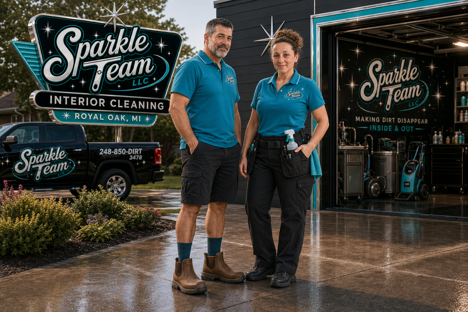 Sparkle Team LLC owners at a commercial cleaning shop in Royal Oak Michigan