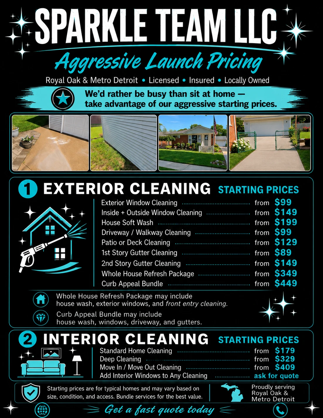 Sparkle Team LLC launch starting-price sheet for interior and exterior cleaning