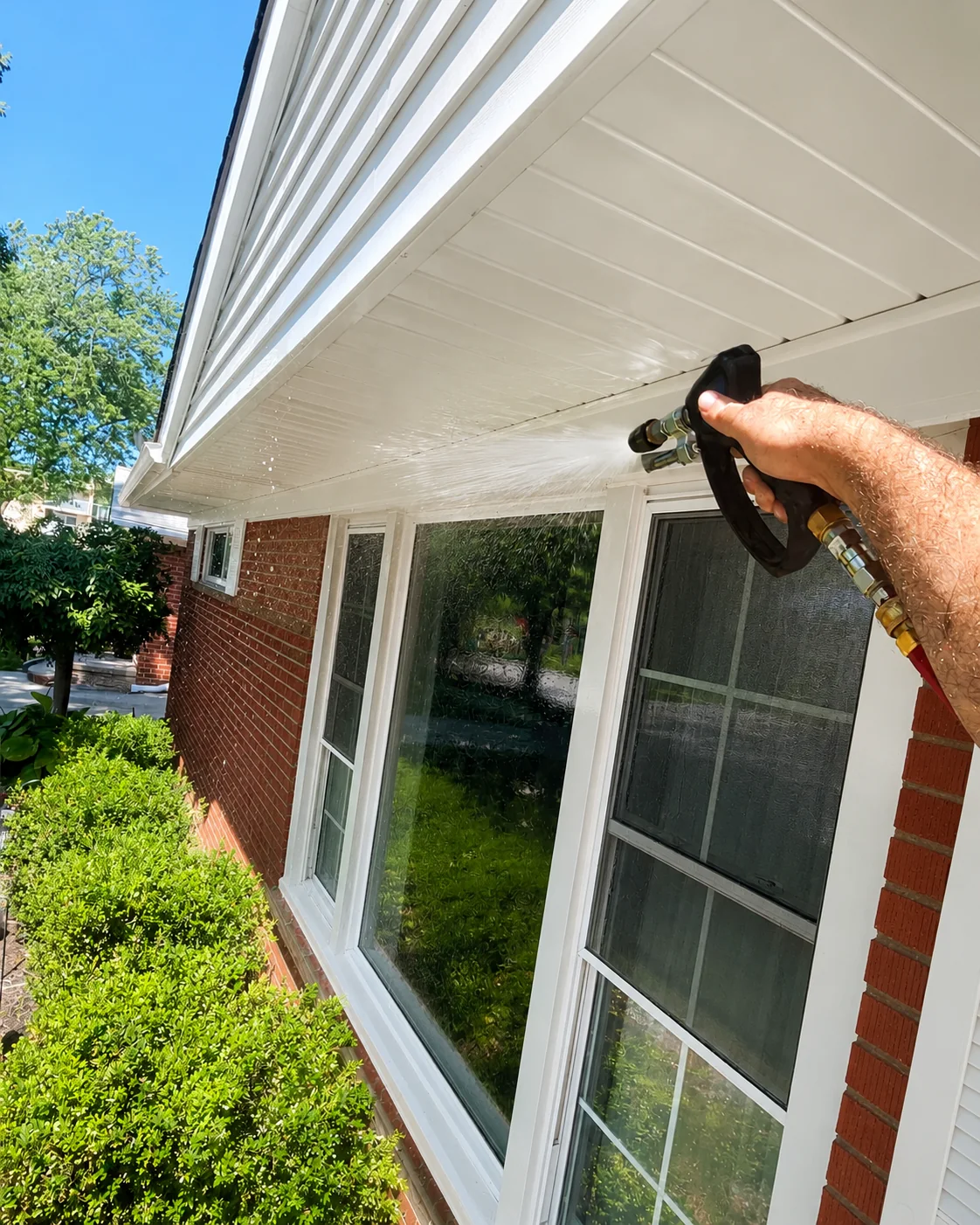 Soft-wash application cleaning the soffit and exterior trim of a home